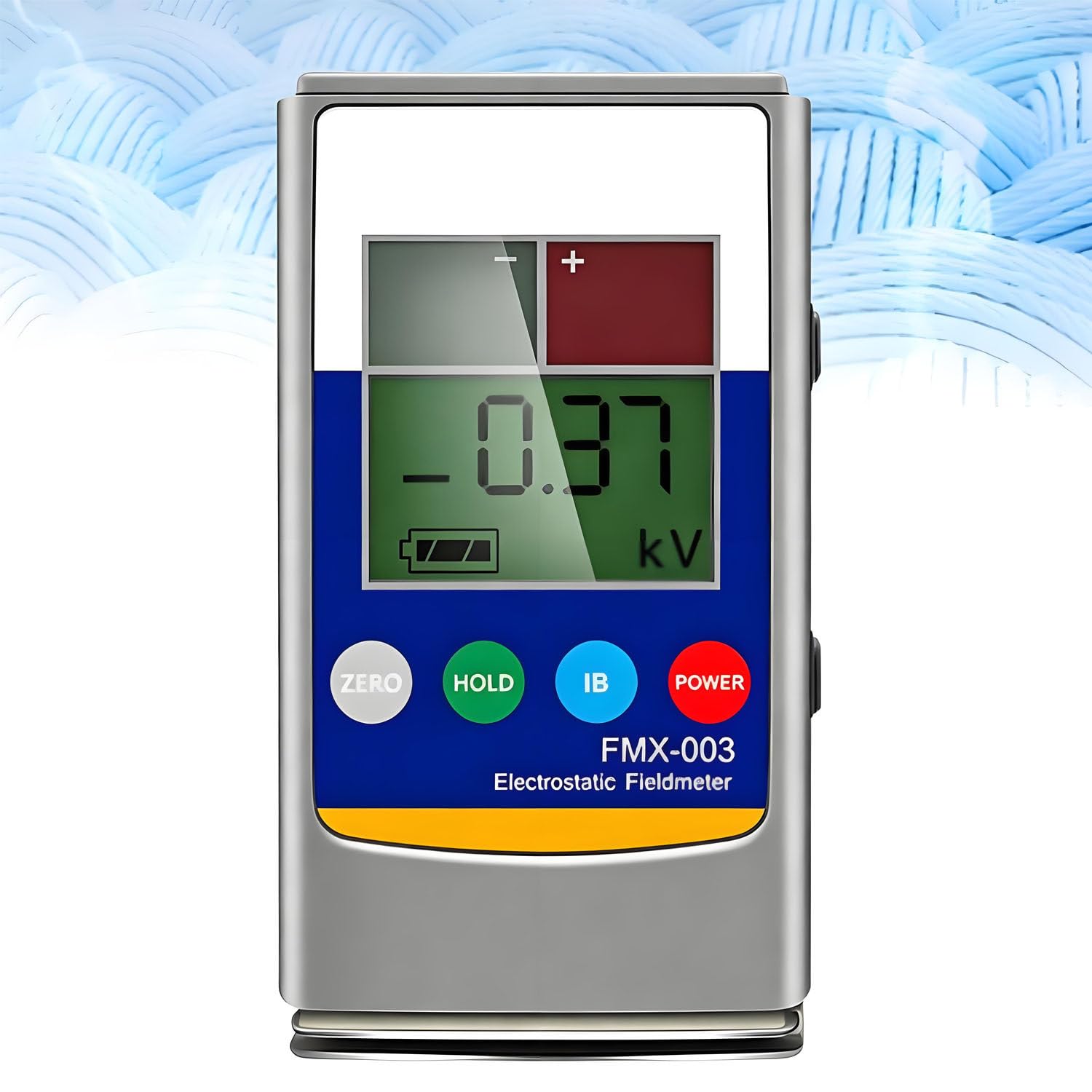 Antystatyczny miernik pola elektrostatycznego z wyświetlaczem LCD, zakres pomiarowy 0–20 kV / 30 kV, dokładność 10%, do tekstyliów, włókien, papieru, gumy i tworzyw sztucznych. FMX-003