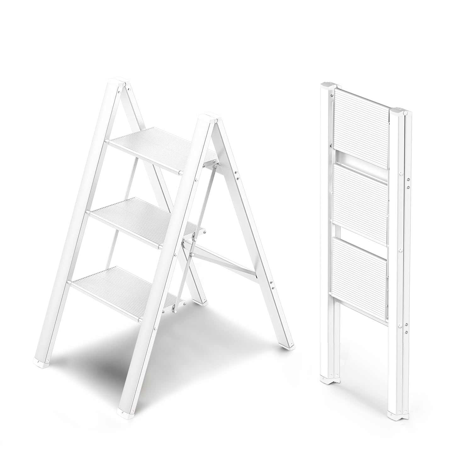 WOA WOA 3 Step Ladder, Foldable Step Stool, Aluminum Lightweight Ladder for Home Kitchen Closet, Anti-Slip Pedals, Ease of Folding, Portable, 300lbs Capacity - White