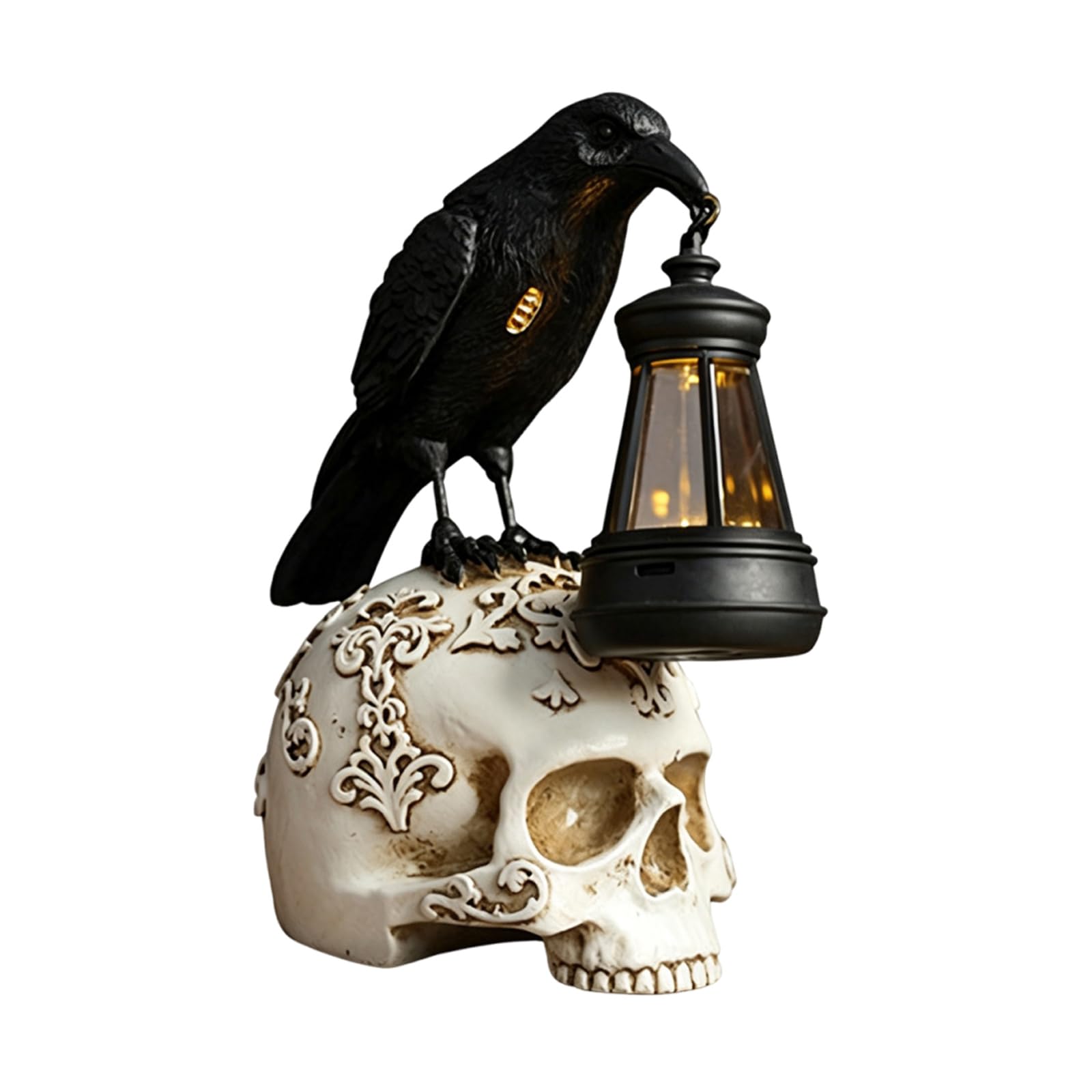Crow Skull Lamp Halloween Decor Gothic Night Light Resin Skull