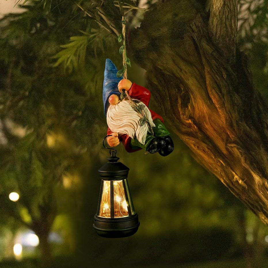 Solar Hanging Gnome Garden Statue Climbing Rope Gnome with LED Lantern Outdoor Decor Tree Hugger Yard Porch Wall Decoration Christmas Birthday Gift for Mom Women