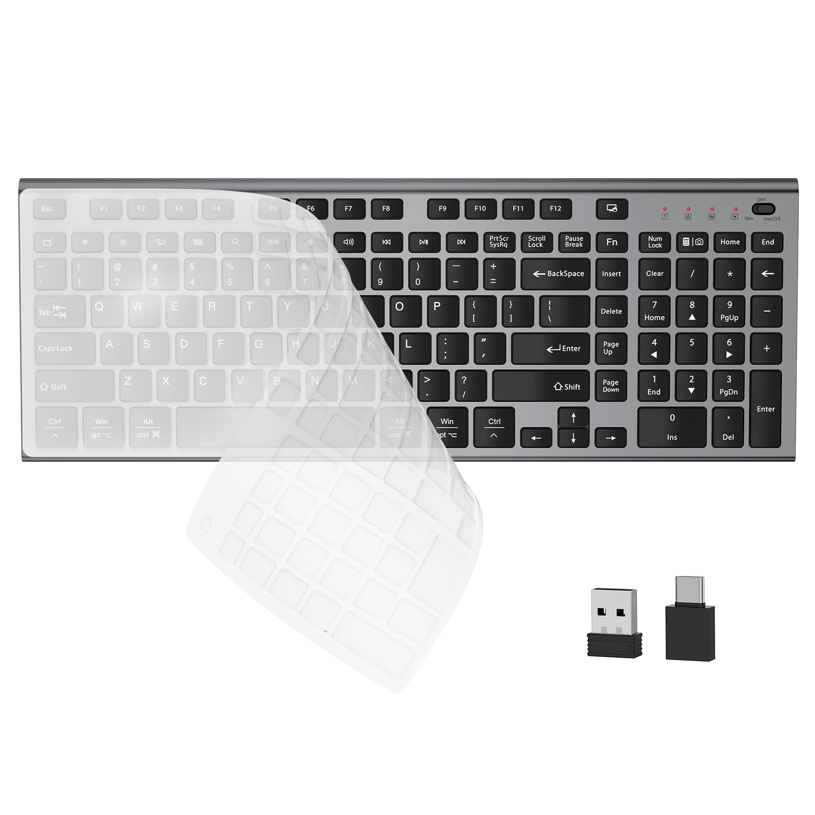 FENIFOX Wireless Silent Keyboard, Ultra Quiet USB C Low Profile Compact Full Size with Number Pad Flat Slim Thin Soft Touch for Mac Computer MacBook iMac PC Laptop Desktop Office (Black and Grey) - 1