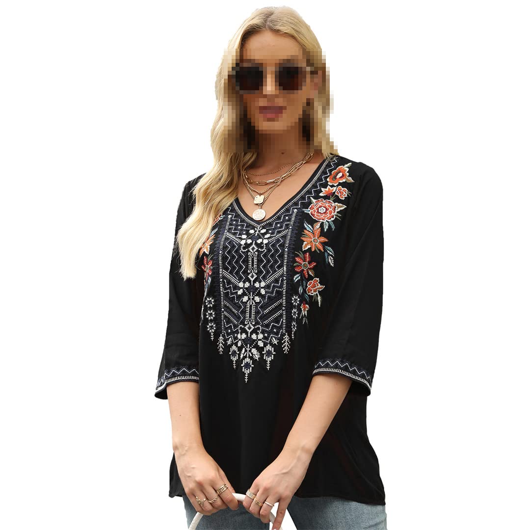Generic Camicetta da Donna con Scollo a V Manica a 3/4 Camicetta con Ricamo Tunica Camicie Casual Larghe da Contadino Boemo