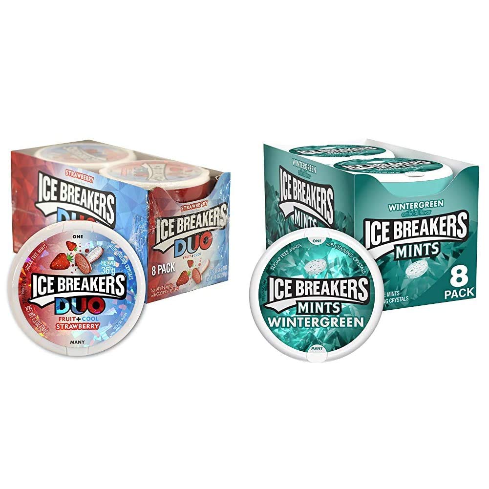 Ice BreakersDuo Fruit Plus Cool Strawberry Sugar Free Breath Mints Tins (8 Count) and ICE BREAKERS Wintergreen Sugar Free Breath Mints Tins (8 Count)