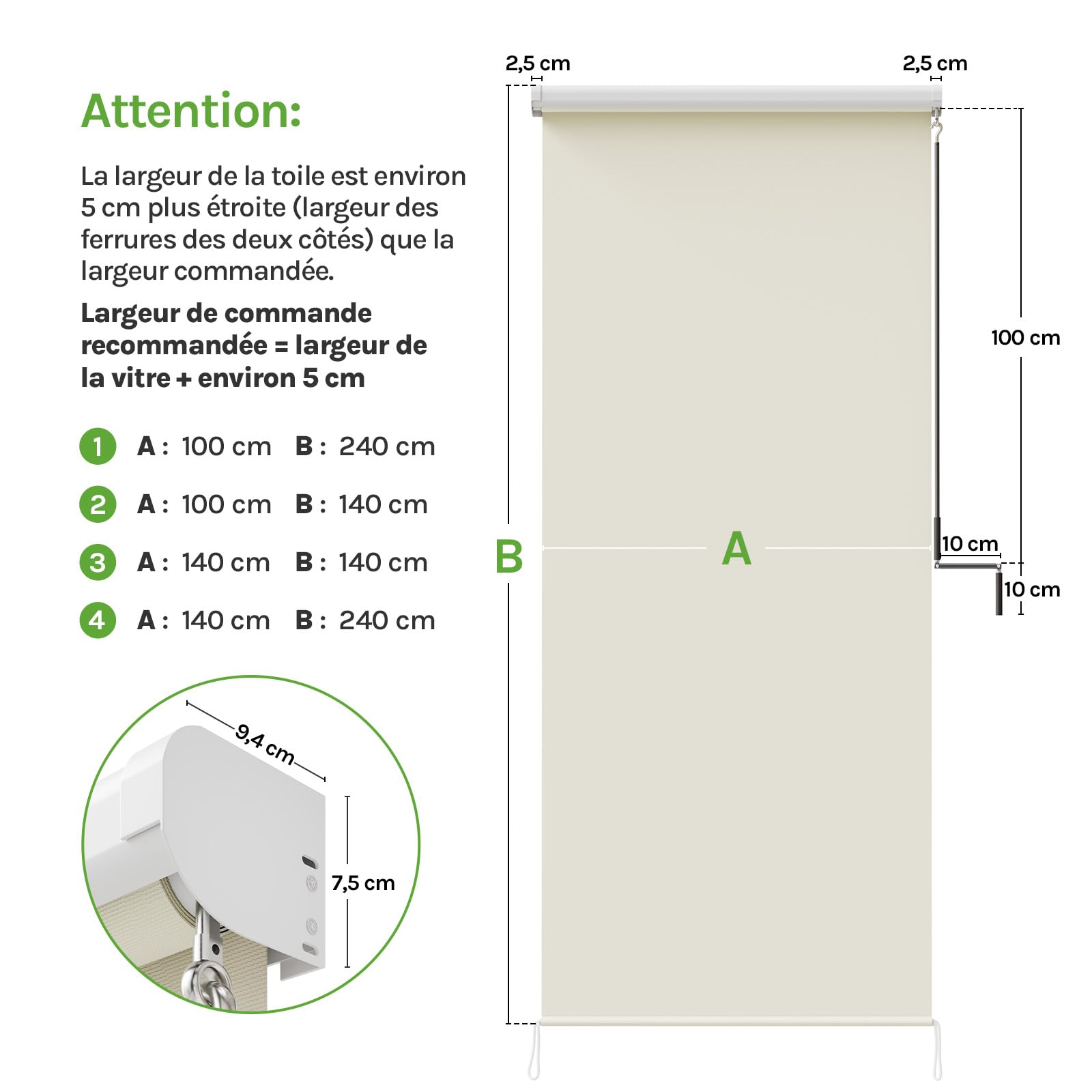 WOLTU Store Enrouleur de Balcon Auvent Vertical 140x240 cm, Beige | Store enrouleur occultant à manivelle avec coffre, anti-vent et occultant visuel, adapté pour balcon et terrasse