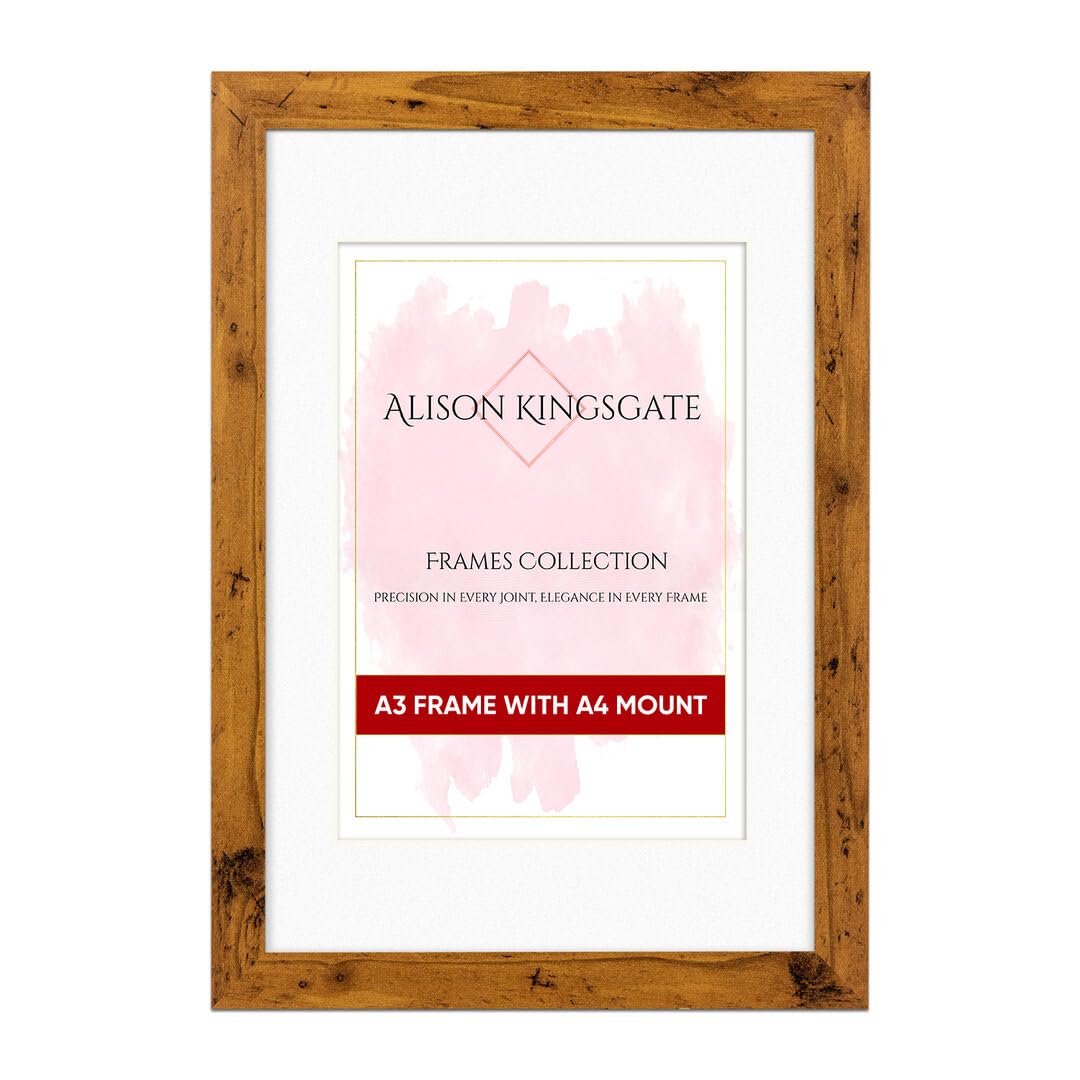 Alison Kingsgate A3 Rustic Oak Picture Frame with Mount for A4 Photo - Engineered Wood Photo Frame with Precision Cut Cardboard Mount - Ideal for Photos, Posters & Artwork - Wall or Tabletop Display