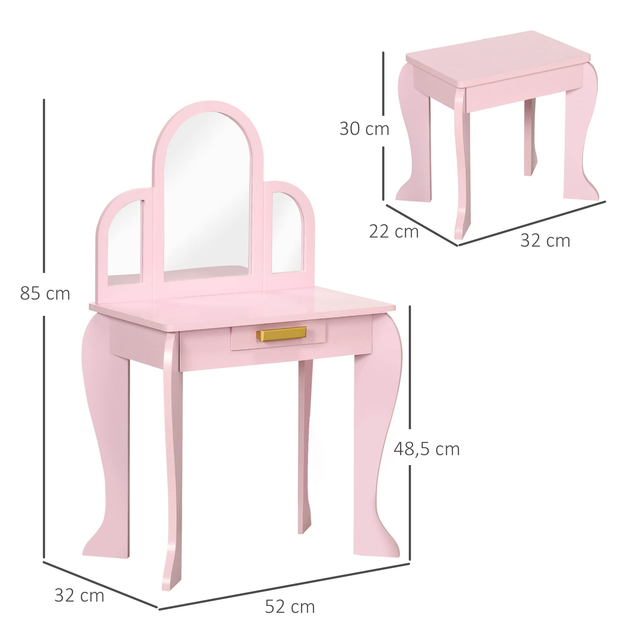 HOMCOM Tocador para Niña con Espejo y Taburete de Maquillaje de 3 a 6 Años, Infantil de Madera con Cajón Rosa