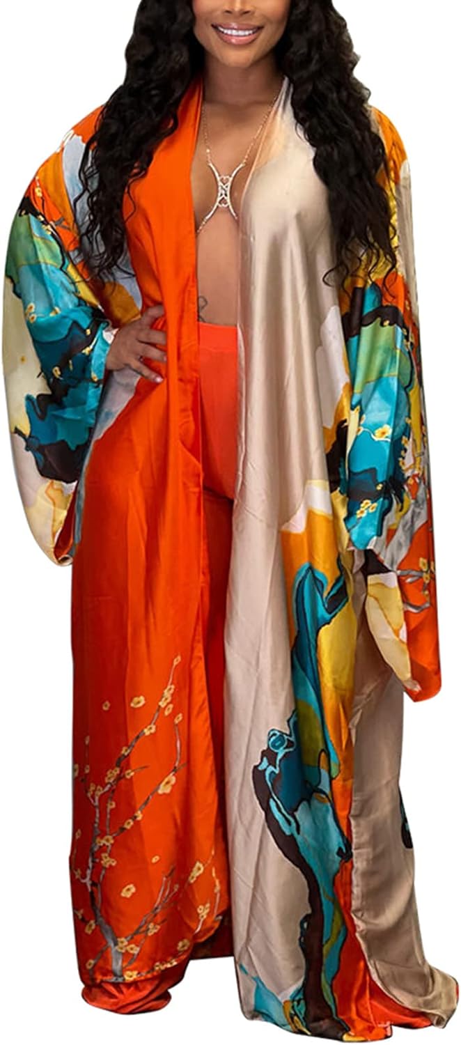 Famnbro Women’s Floral Print Satin Robe Kimono Cardigan Open Front Long Cover Ups Outerwear One Size Famnbro Women’s Floral Print Satin Robe Kimono Cardigan Open Front Long Cover Ups Outerwear One Size