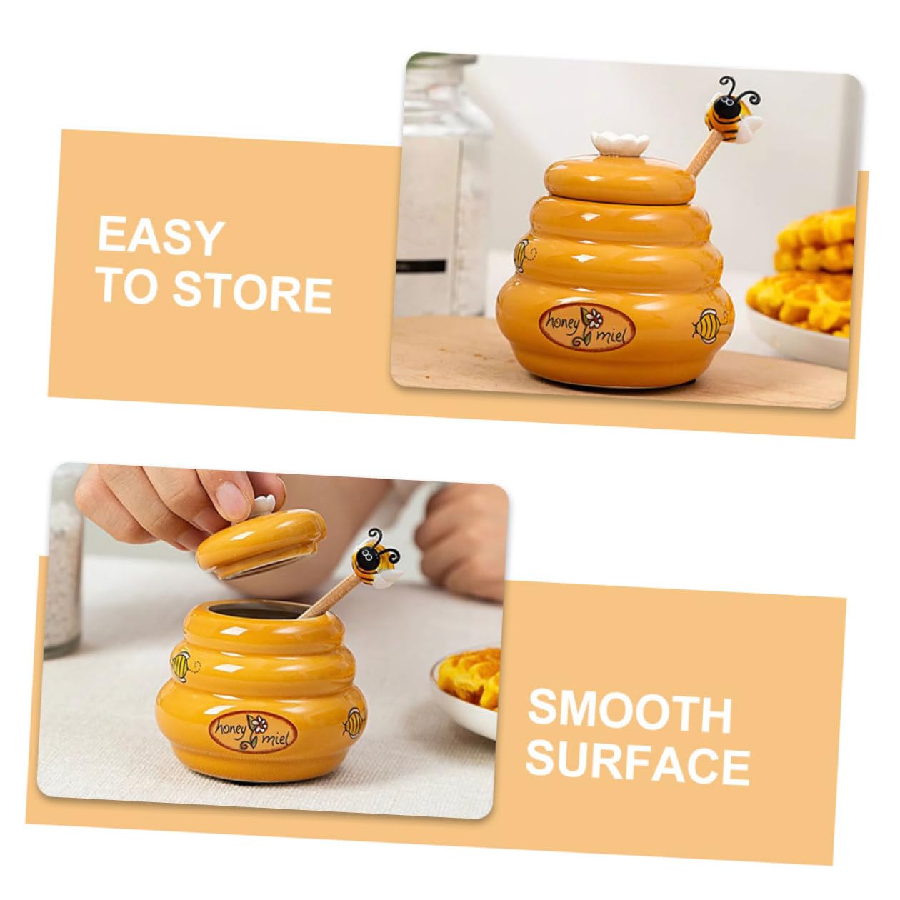 Hohopeti Tarro Dispensador Compacto Seguro Naranja de Miel de Cerámica de 140ml con Tapa y Cucharón para Almacenamiento en Cocina