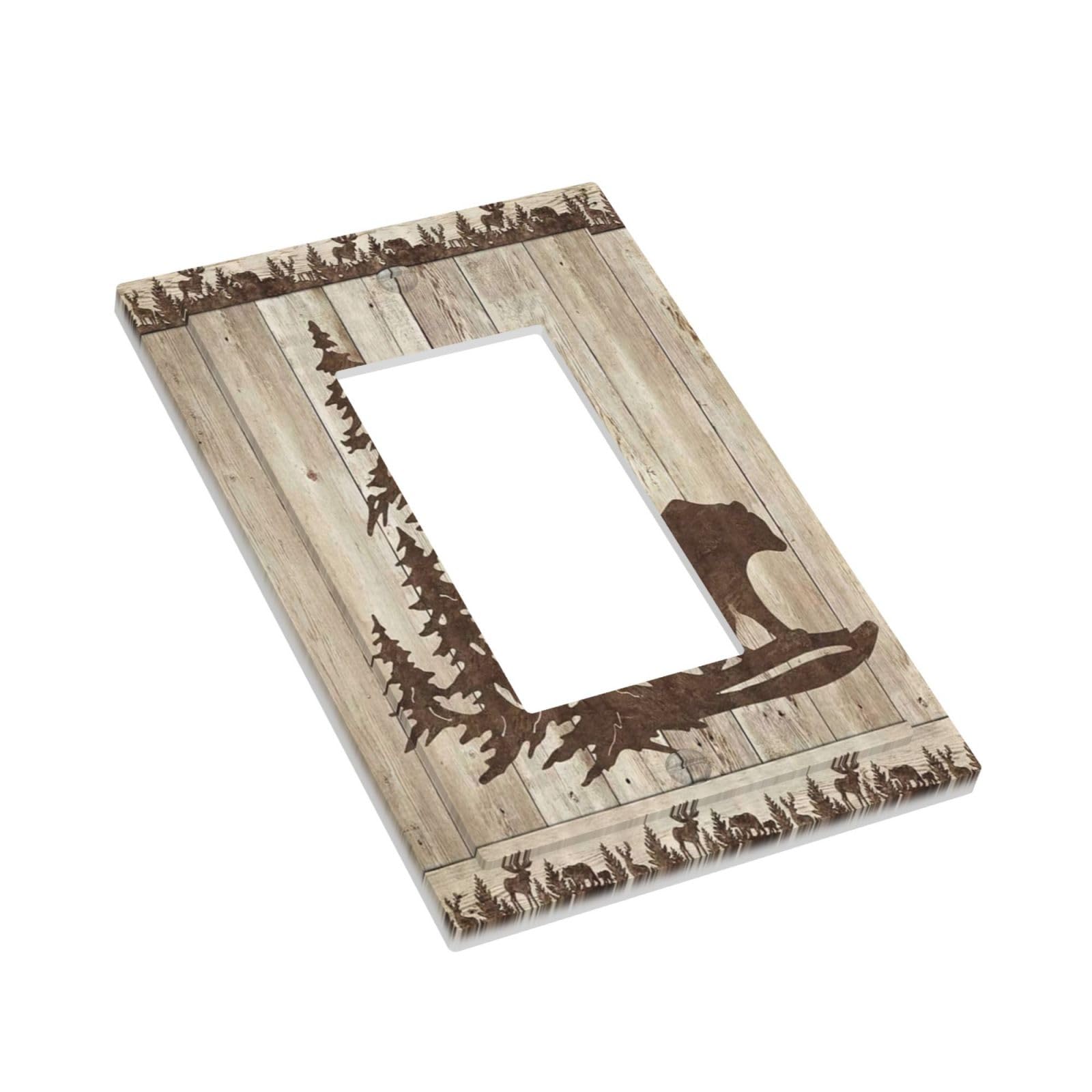 Farmhouse Cabin Rustic 1-Gang GFCI/Outlet Switch Wall Plate – Black Bear Forest Woodland Scene, Brown, For Bathroom, Living Room, Bedroom, Kitchen Decor