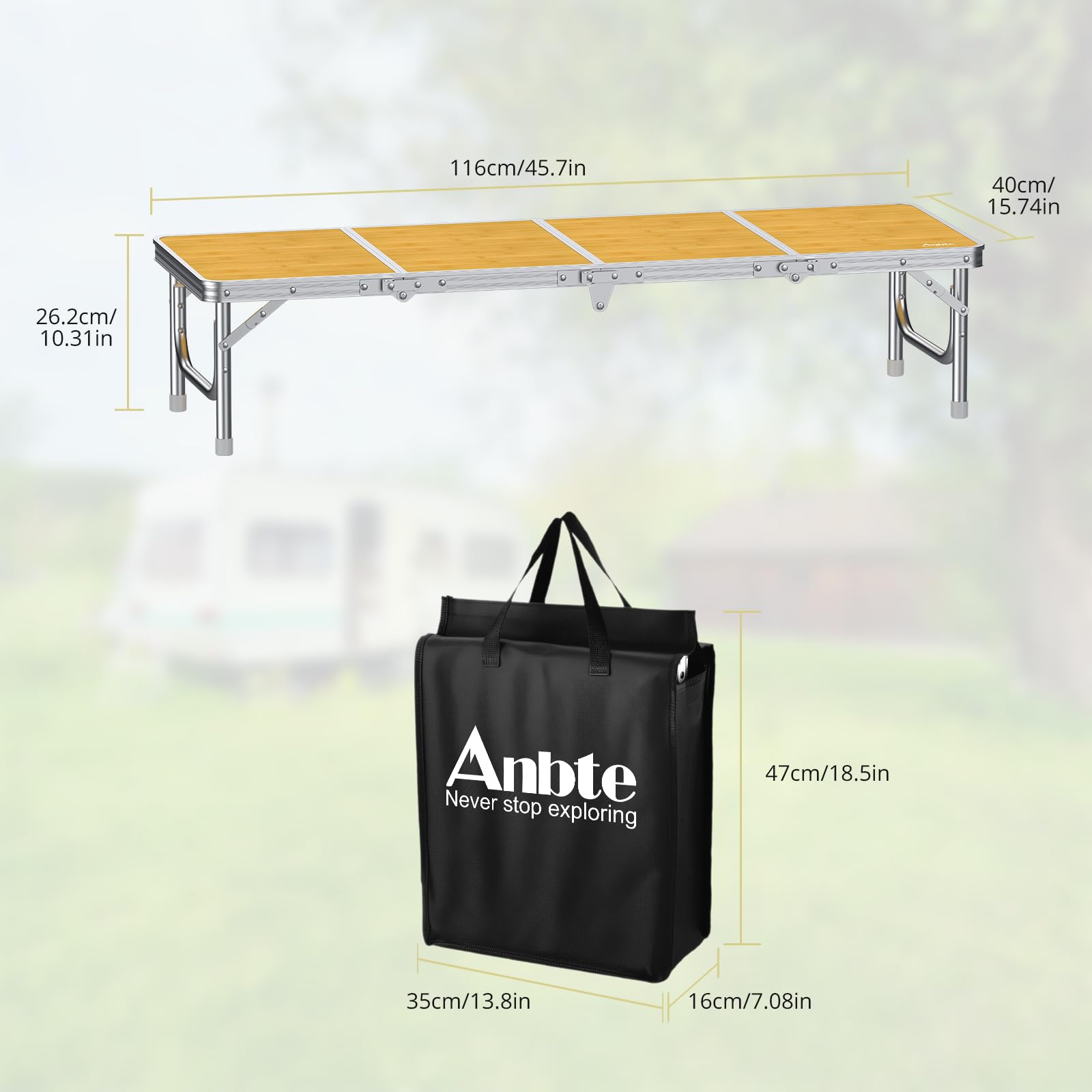 Anbte Mesa Plegable Camping 116 x 40 x 26.2cm con Aluminio Impermeable Mesa Playa Portátil,Grosor del Bisel es de 3,5 cm,Soporta 30 kg para Camping Playa Fiesta Picnic Suelo Color Raya de Bambú