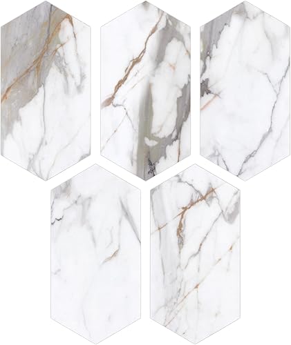Miniatura 1 de Azulejo de piedra para cocina, despegar y pegar, azulejos largos hexagonales autoadhesivos, mármol dorado Calacatta en azulejos decorativos de pared