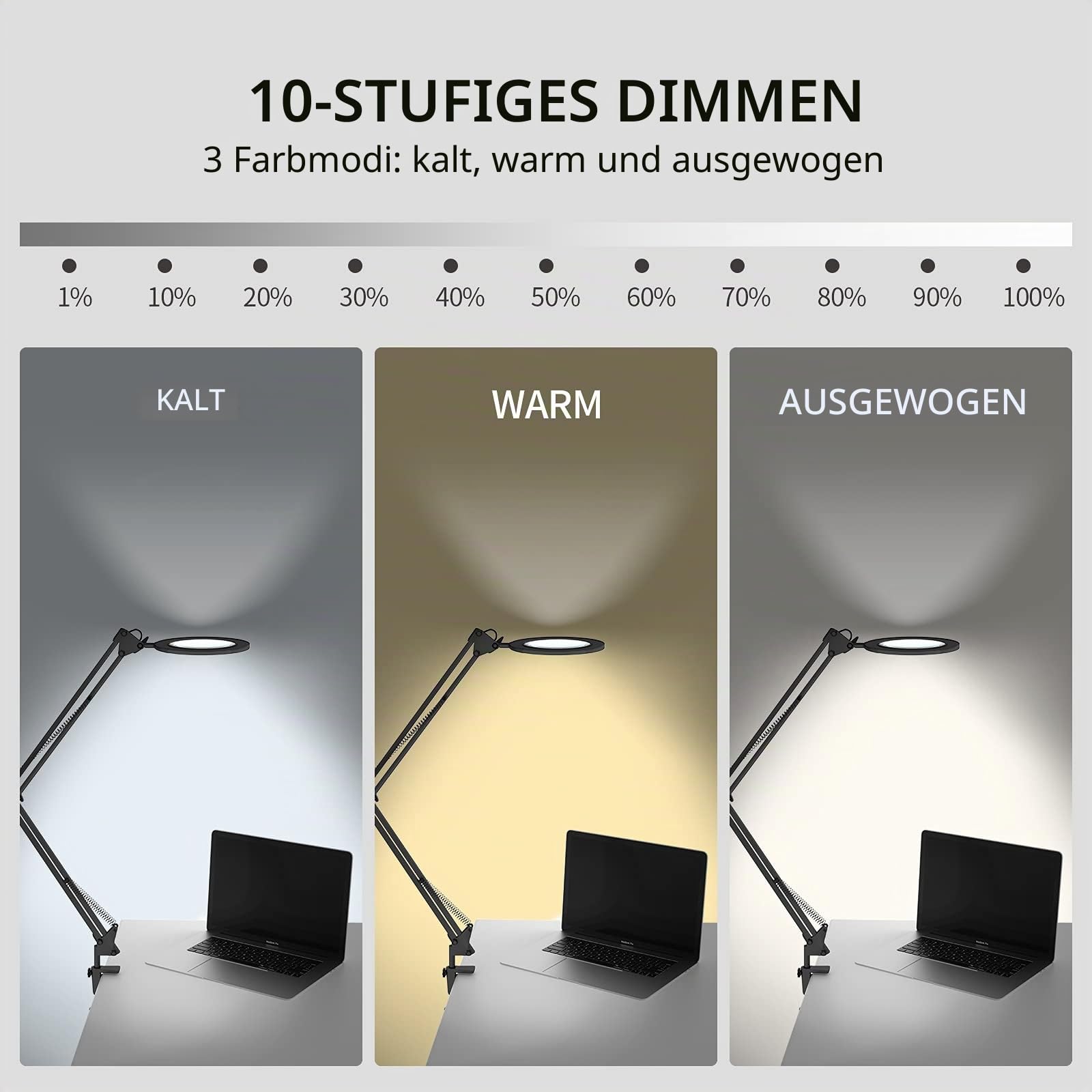 Lupenleuchte Lupenlampe / 105 mm 5-Dioptrien-Echtglas / 3 Farbmodi / 10-stufig Dimmbar / 750 LM Leuchten mit 72 LEDs / 90cm Arbeitsradius/USB-Anschluss (Schwarz)