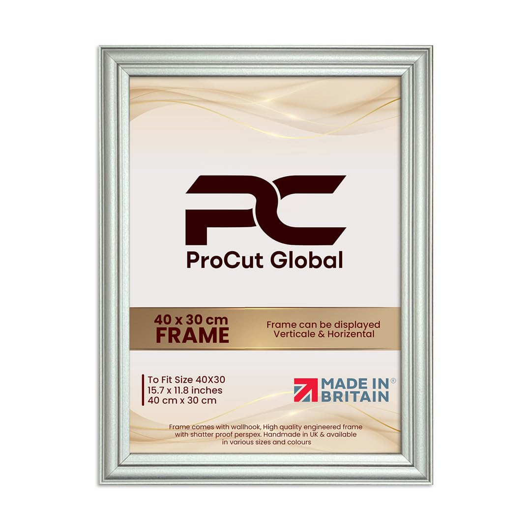 Procut Global 40x30CM Silver Picture Frames - Classic Wooden Photo Frame with Shatterproof Perspex for Wall or Tabletop - Perfect for Posters, Certificates & Prints - Sizes & Colors Available