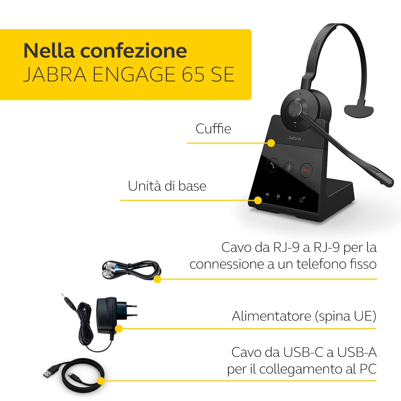 Engage 65 SE Mono Headset, Base, Power Supply, 1,5 m USB-C to USB-A, Cable, Desk Phone Cable, Quick Start Guide, Warranty and Warning (Safety Leaflets)
