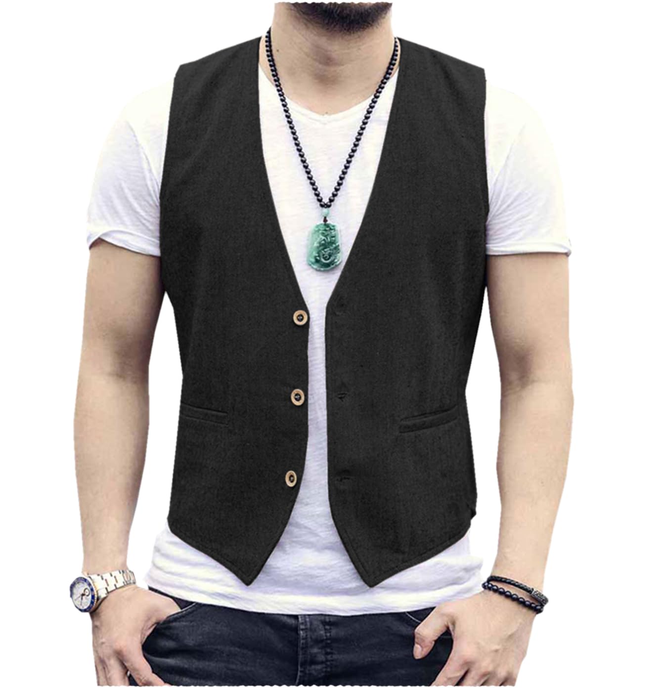 Gilet da uomo senza maniche in cotone e lino casual Gilet da spiaggia estivo slim fit tinta unita a 3 bottoni