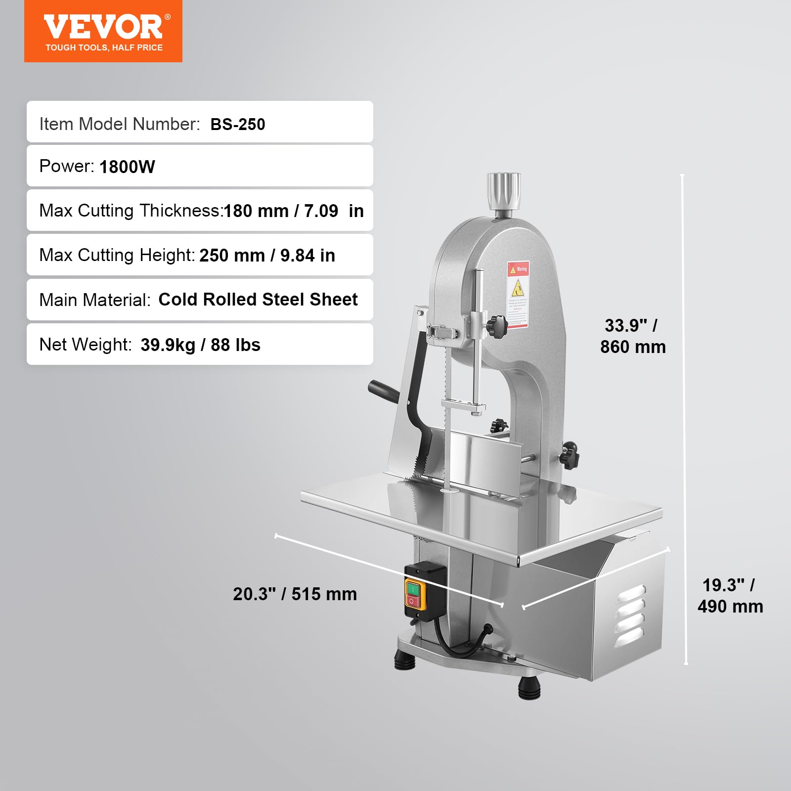 VEVOR kommerzielle elektrische Fleischbandsäge Knochenschneidemaschine, 1800 W Tisch-Knochensäge, 380 x 485 mm Werkbank, Gefrierfleischschneider mit 5 Klingen für Rippchen, Schweinefleisch