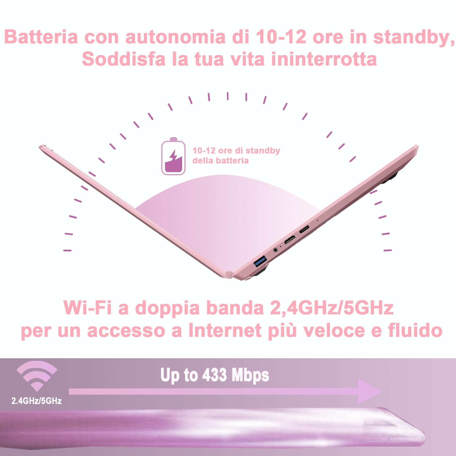 NOTODD PC Portatile 14 Pollici Laptop N5095 (fino to 2.9 GHz), Win 11 Notebook 8 GB 256 GB SSD 1TB Estensioni丨Dual WIFI Supporto丨Ventola Raffreddamento Schermo丨1920 * 1200 2K FHD-Pink
