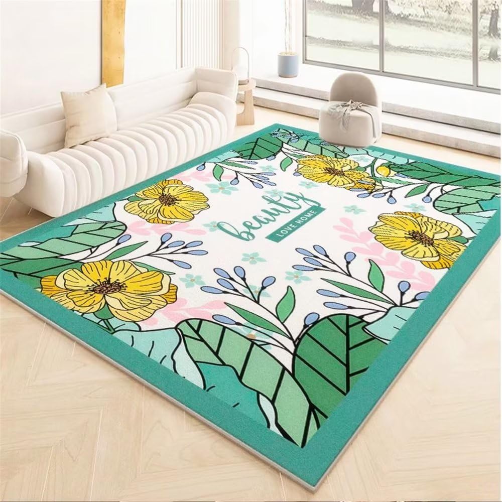Tapis de salon vert minimaliste fleurs 100x160cm lavable rectangulaire