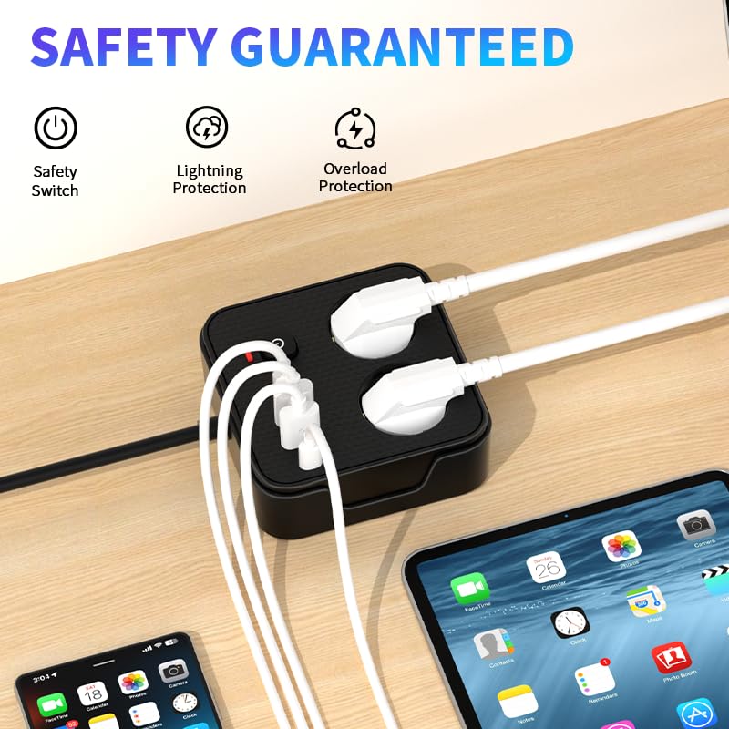Steckdosenleiste 6-in-1 mit 2M Verlängerungskabel, 2 AC-Steckdosen, 2 USB und 2 Typ-C, für Zuhause, Büro und Reisen(Schwarz)