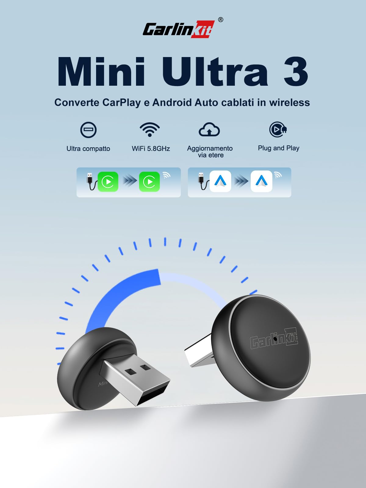 Carlinkit Mini Ultra Adattatore Wireless CarPlay & Android Auto, Converti il Sistema di Fabbrica da Cablato a Wireless, Connessione Rapida USB-A/USB-C per iOS 10+ & Android 11+, Plug & Play, Aggiornam