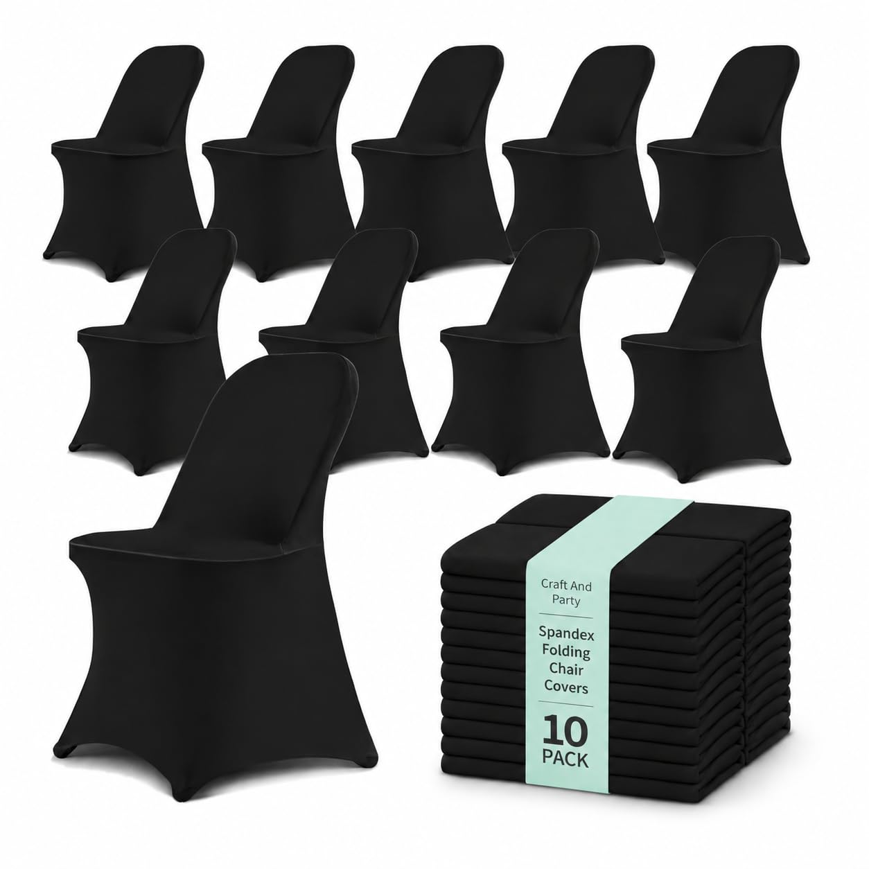 10 Pack Black Spandex Folding Chair Covers, Stretch Polyester Slipcovers for Wedding, Party &amp; Dining Chairs – Flat Front Design, Universal Fit