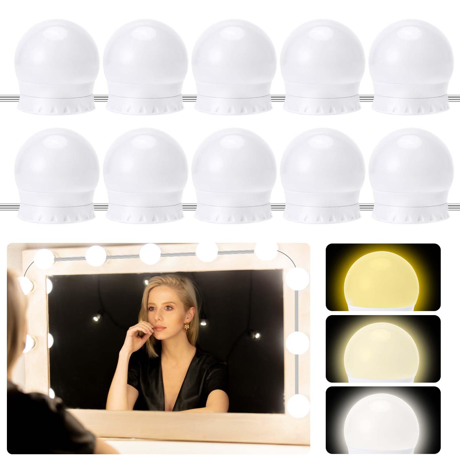 Auauraintt 10 pcs LED para espejo, luces Hollywood regulables, luz de tocador ajustable de 3 colores, lámpara de maquillaje, adecuada para espejo de maquillaje, vestidor, espejo de baño