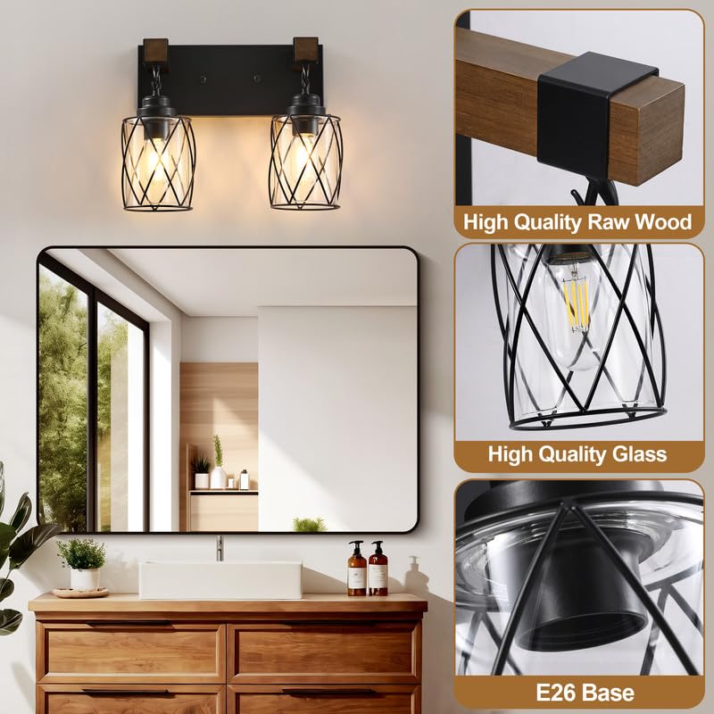Image of Bathroom Light Fixtures, Farmhouse Wood & Black Metal with Glass Shade | 2 Light Rustic Vanity Lights, Mounted Over Mirror For Bathroom, Bedroom and Hallway, Easy To Install