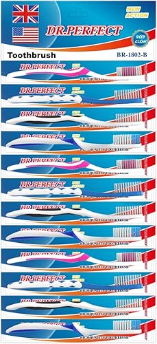 Arbusto de dientes medio suave, paquete de 12 (rosa, azul marino, negro y azul)
