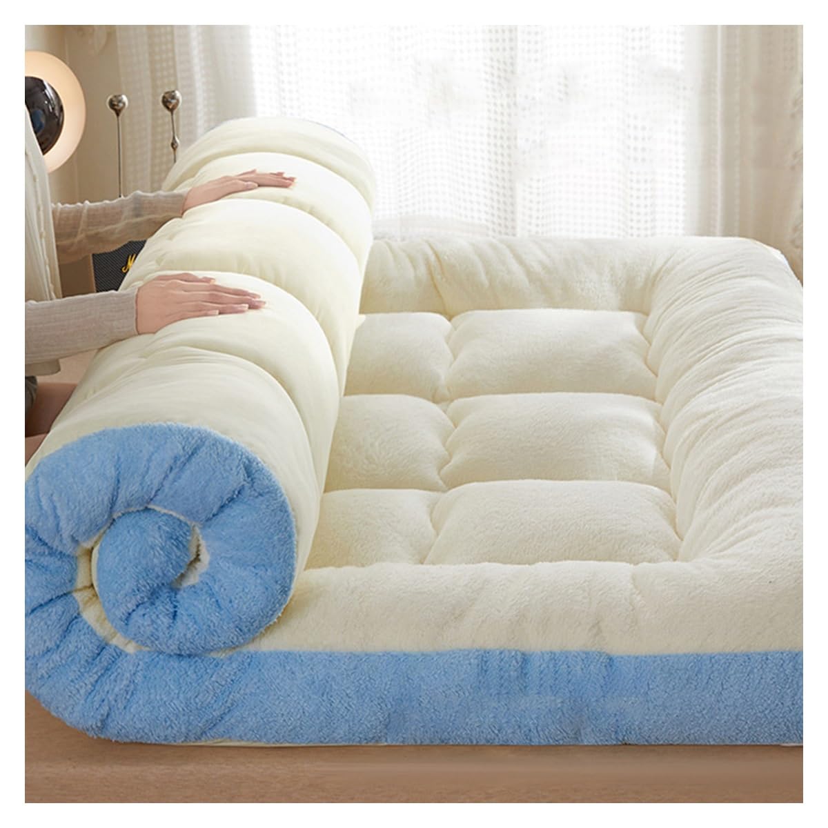 Thick Milk Velvet Mattress Topper Queen Size Winter Warmth Soft Bed Mattresses Pad 4 Anchor Elastic Bands Breathable Quilted Japanese Futon Mattress ( Color : Blauw , Size : Small Single-90*200cm )