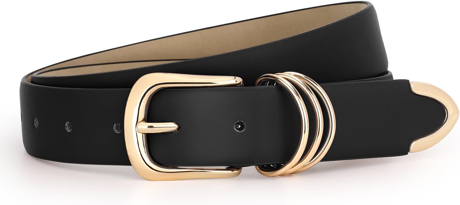 WERFORUWomen's Leather Belt with Gold Buckle Ladies Fashion Faux Leather Waist Belt for Jeans Pants Dresses
