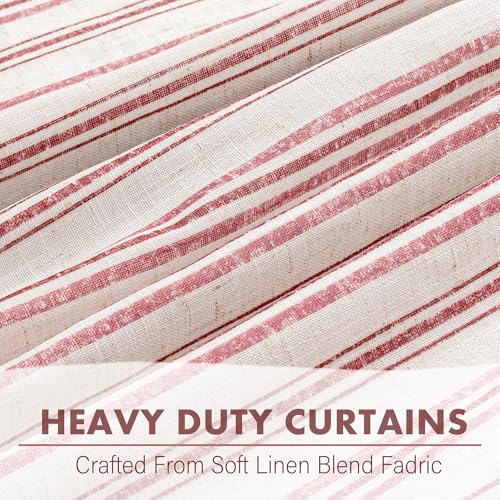 Image of MYSKY HOME Striped Curtains 100% Blackout for Girls Bedroom 84 Inches Long Red Stripe Patterned Linen Blend Double Layer Farmhouse Rustic Drapes, Grommet, 2 Panels, 52 inch Wide