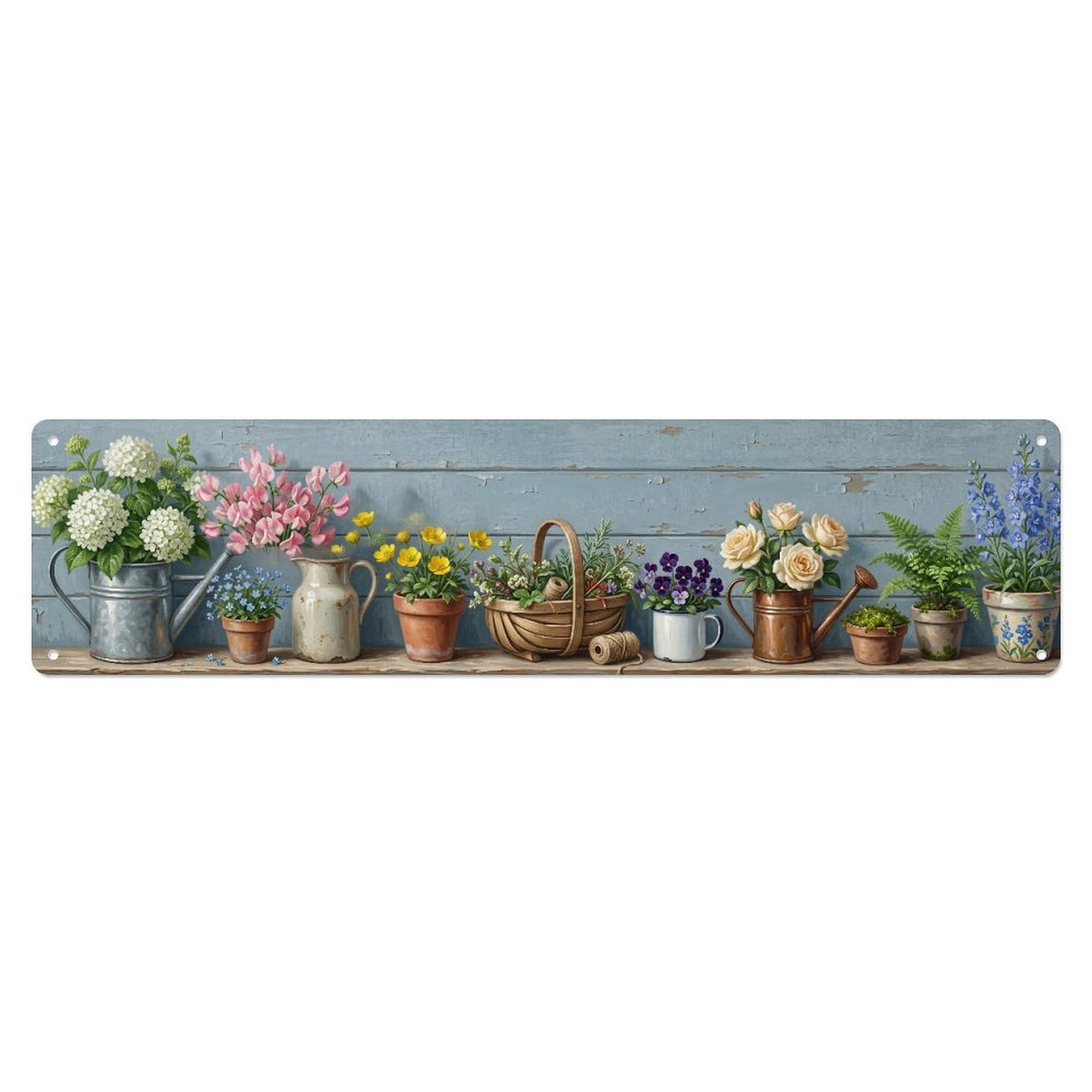 Fqnyr Style Metal Tin Sign Floral Garden Tools Morning Dew Pattern Print