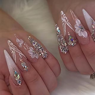 Press on Nails - Long Stiletto Fake Nails with Bling Glitter, Acrylic Luxury Rhinestone Design 24 pcs