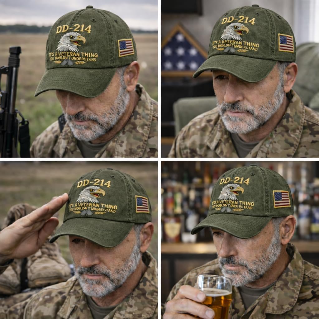 DD-214 Veteran Embroidered Hat for Men Patriotic Military Baseball Cap with Embroidered Flag, Adjustable Fit