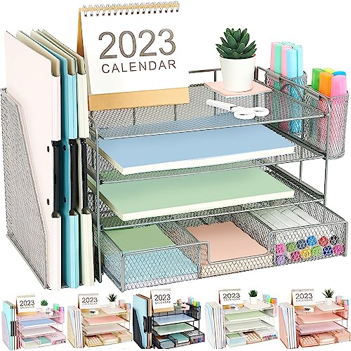 gianotter Paper Organizer with File Holder for Desk, 4 Tier Letter Tray Office Desk Organizers and Accessories - Workspace Organizers with Drawer and 2 Pen Holder for Office Supplies (Grey)
