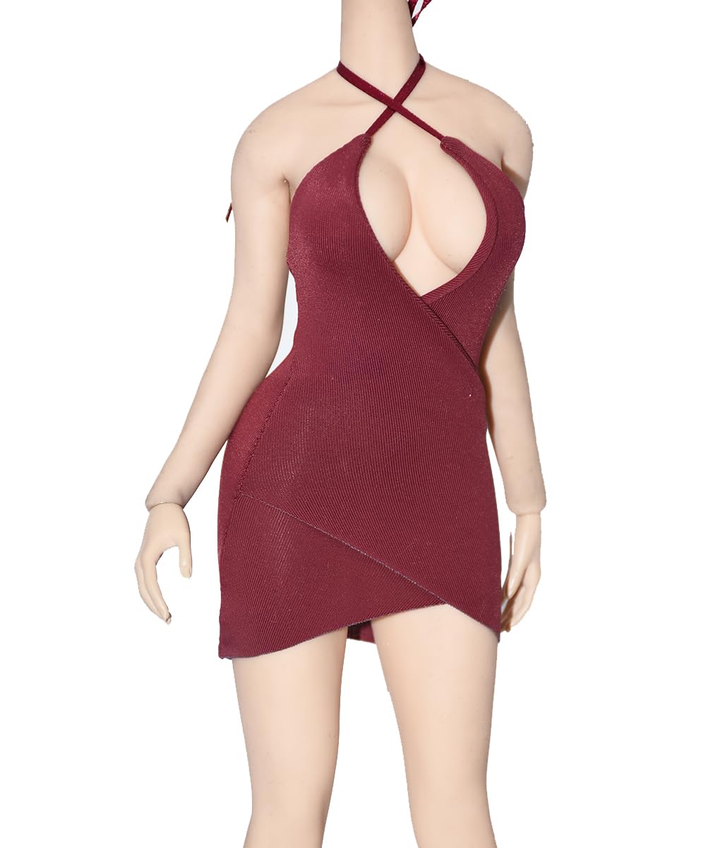 Tenue 1/6 figurine femme rouge vin en soie glacée pour shooting photo