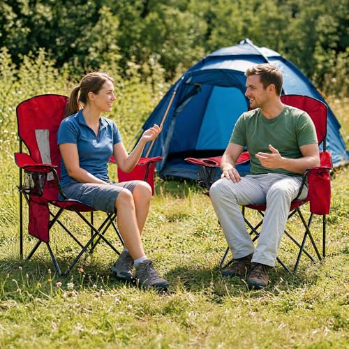Image of Camping Chairs for Adults 2 Pack, Folding Chair with 4-Can Cooler Bag & Cup Holder, Portable Heavy Duty Outdoor Chair for Camping, Beach, Lawn, Fishing, Red