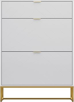 UEV 80cm Wide Shoe Cabinet with 2 Flip Drawers + Top Shelf, Tilt-Out Storage for 16 Pairs, Modern Hallway Cupboard, White with Gold Legs