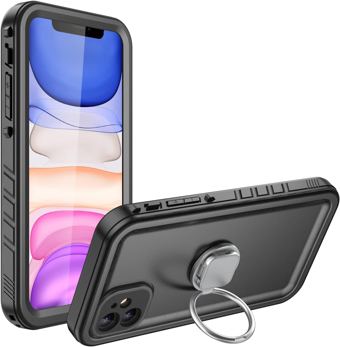 SPORTLINK Waterproof iPhone 11 Case - 6.1" Phone Ring Holder Kickstand, Full Body Heavy Duty Protection, Shockproof, Dustproof, Black+Silver