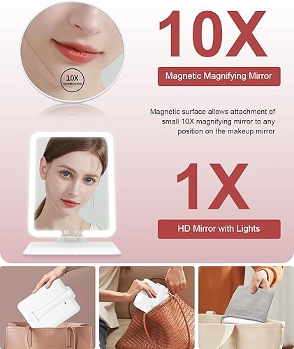 Miniatura 5 de Gospire Espejo de maquillaje de viaje con luces y aumento 10X, espejo de mesa compacto de maquillaje portátil con soporte ajustable, 3 luces de