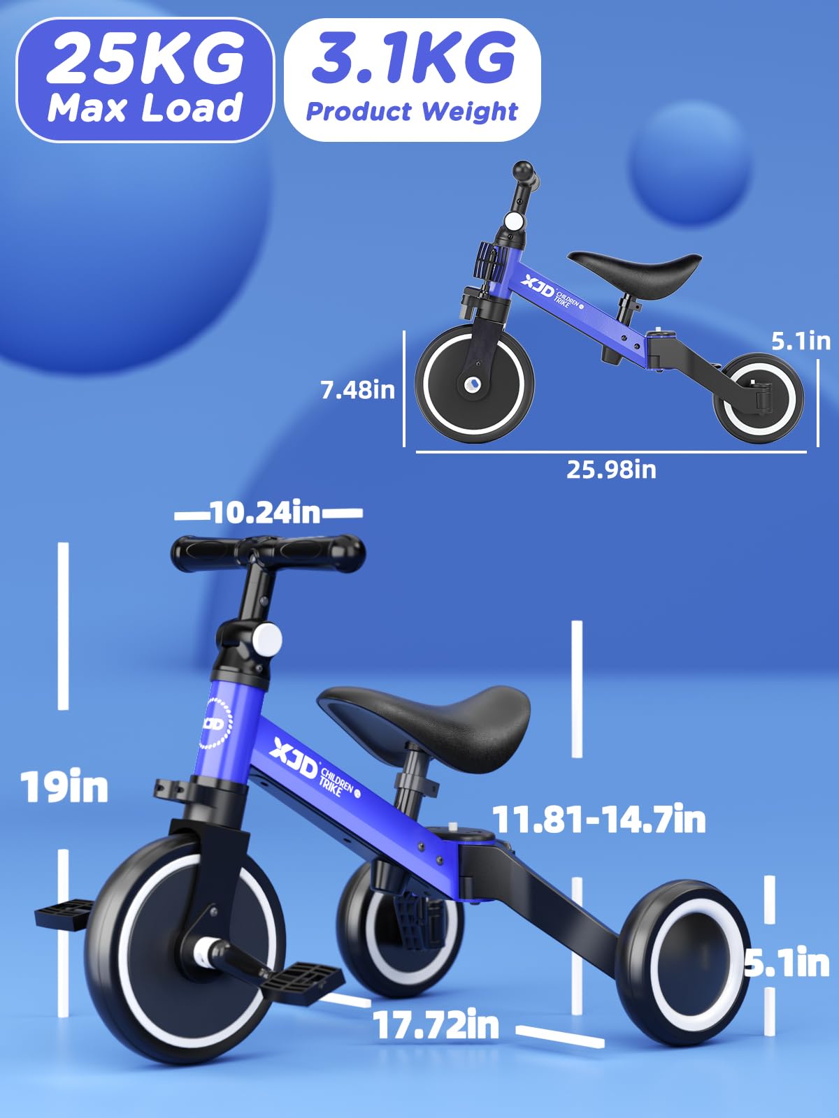 XJD 3 in 1 Laufrad Dreirad, Kinder Dreirad ab 1 Jahr, Laufräder Lauffahrrad mit verstellbarem Sitz und Lenker, Lauflernhilfe mit abnehmbares Pedal, Baby Fahrrad von 1-3 Jahren Jungen Mädchen (Blau)