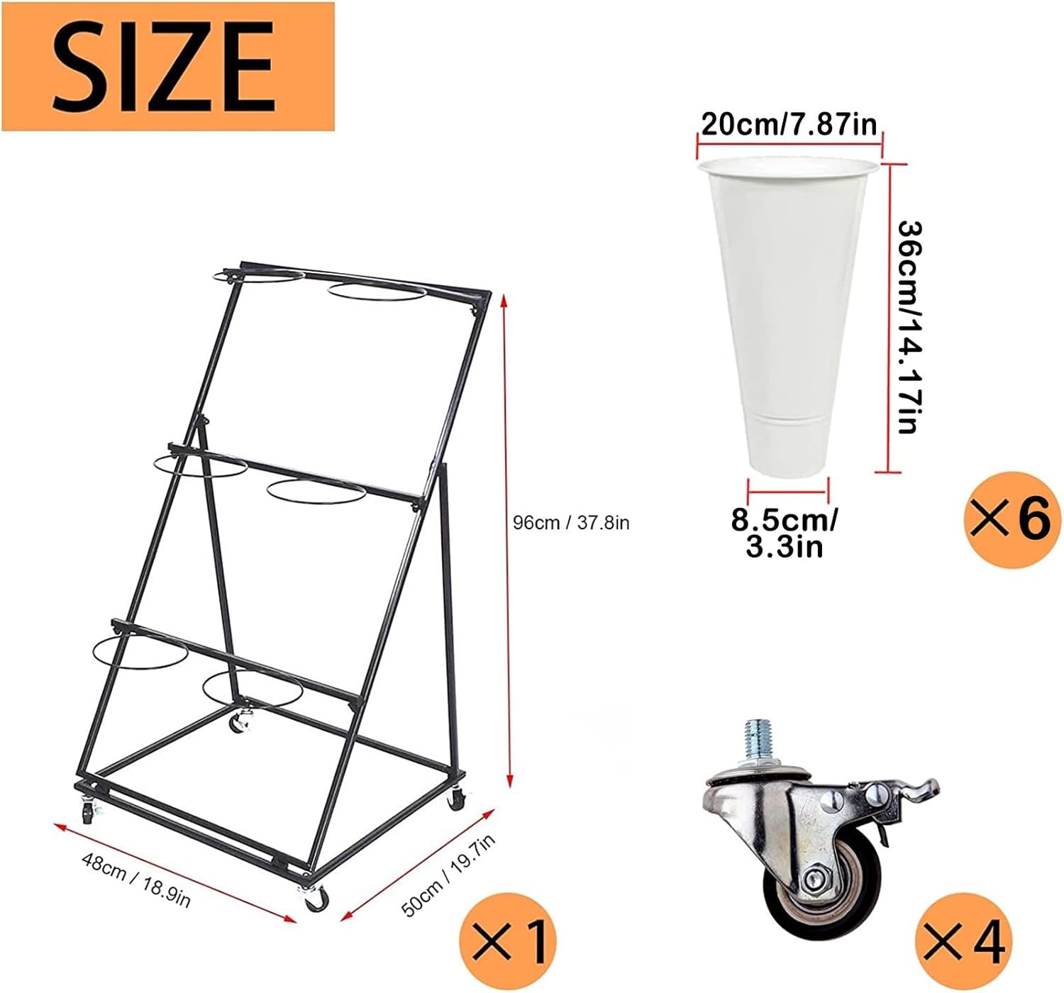 6個の花バケツ付きフラワーディスプレイスタンド、パティオガーデンバルコニーフラワーショップ用屋外ローリングフラワーラック、ブラックフ