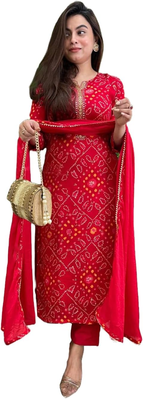 Women's Bandhani in cotton blend, printed, straight, with pants and dupatta