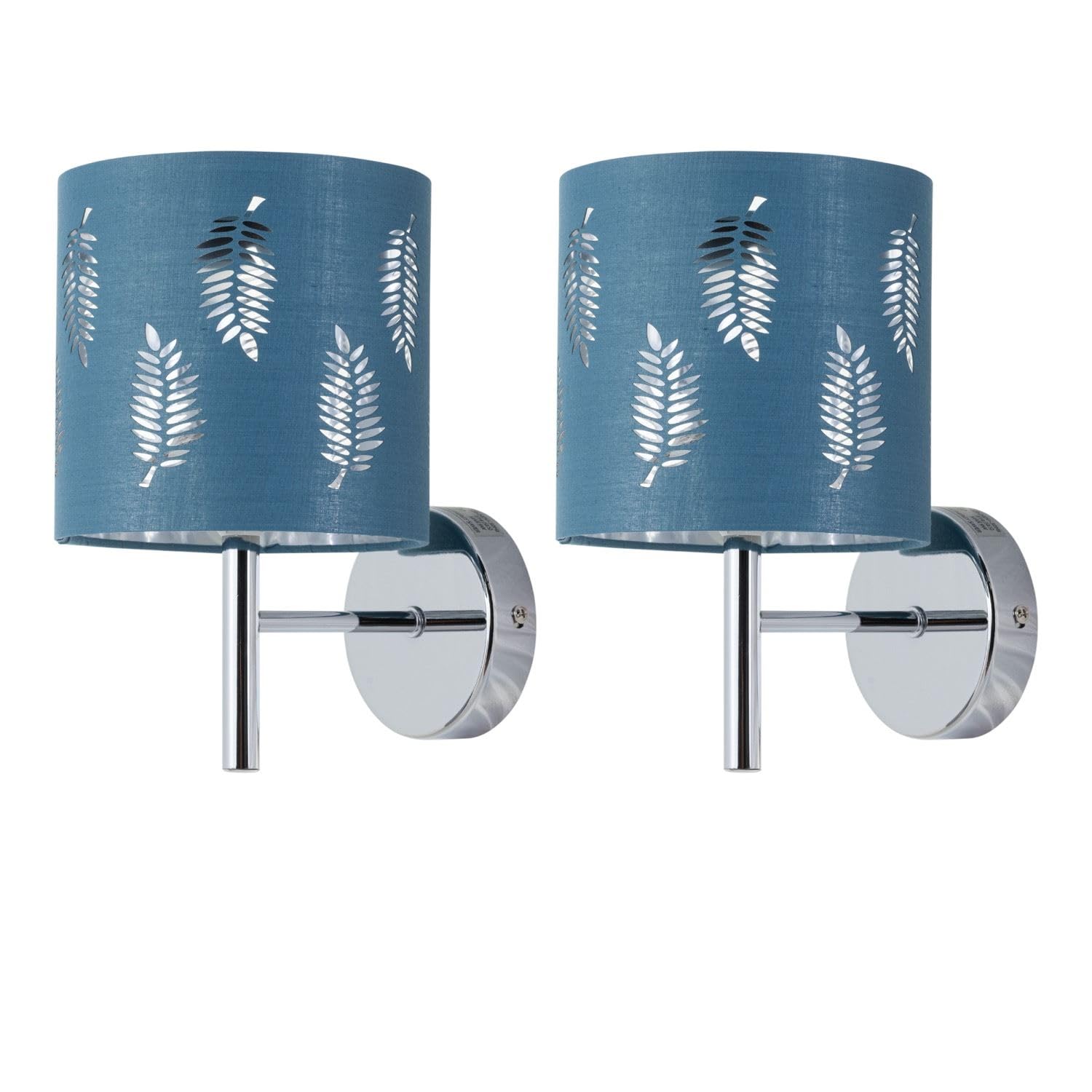 Firstchoicelighting Chrome & Teal Set Of 2 Brea Chrome Wall Lights With Teal Fern Shade, Modern Wall Sconce, Led Compatible, Mains Hard Wired