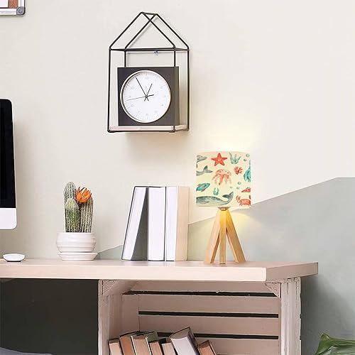 Miniatura 2 de Lámpara de mesa con trípode, animales del océano, peces y mesita de noche, lámpara de escritorio regulable con base de madera, pantalla de tela para