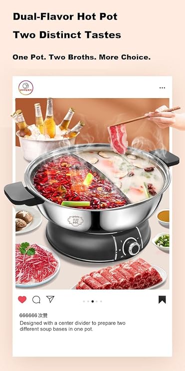 YONGXING Electric Hot Pot 30cm with Divider 304 Stainless Steel, 1400W Dual-Sided Shabu Hot Pot, 5 Liters (HS-160BU)