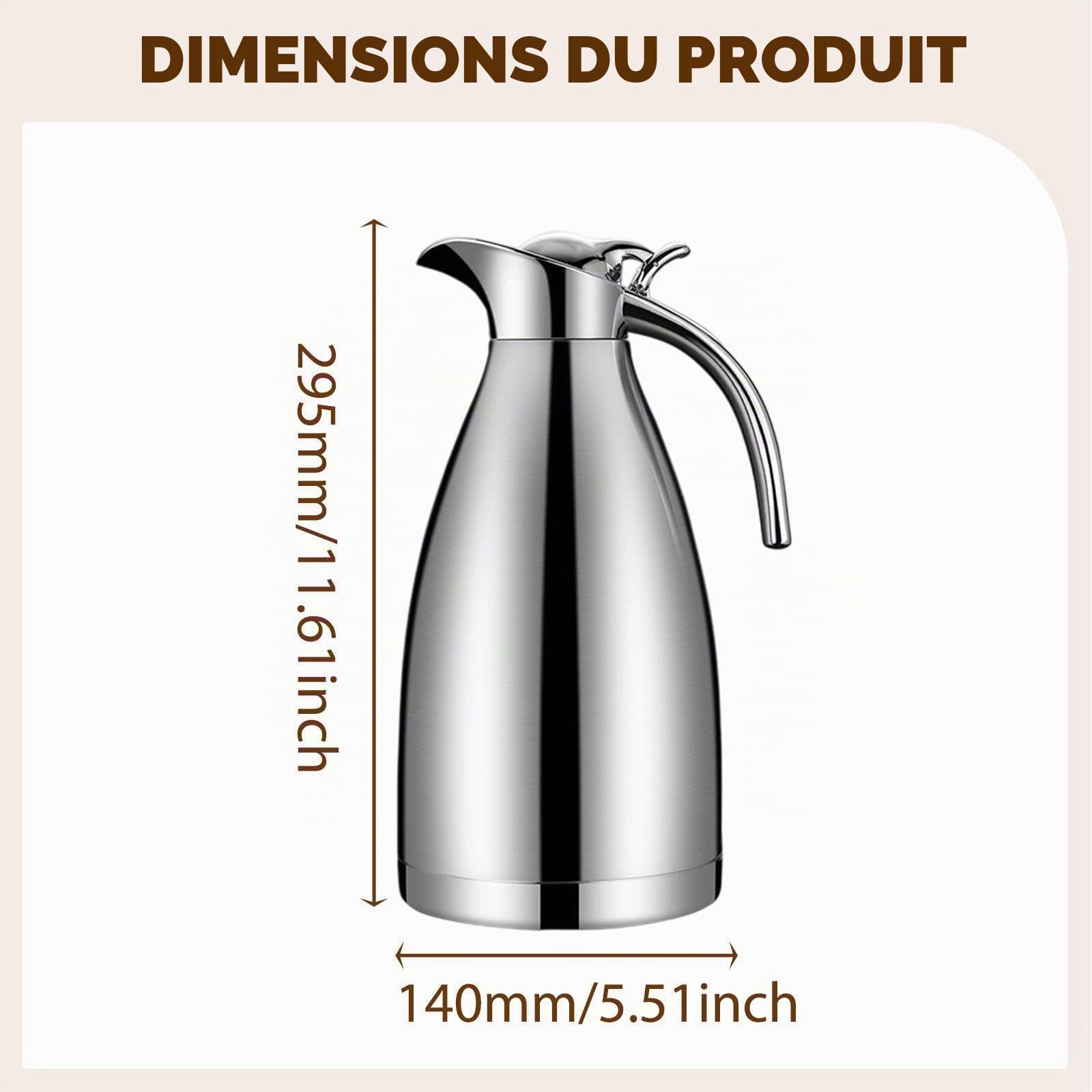 Carafe Isotherme Verseuse Thermique Cruche à Boissons et Pot à Café En Acier Inoxydable Antirouille avec Couvercle Étanche Adapté pour L'Hôtellerie E, 2 L