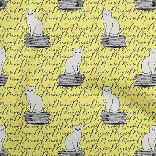 oneOone Cotton Poplin Twill Yellow Fabric Animal Cat with Text Texture Sewing Fabric By The Yard Printed DIY Clothing Sewing Supplies 56 Inch Wide