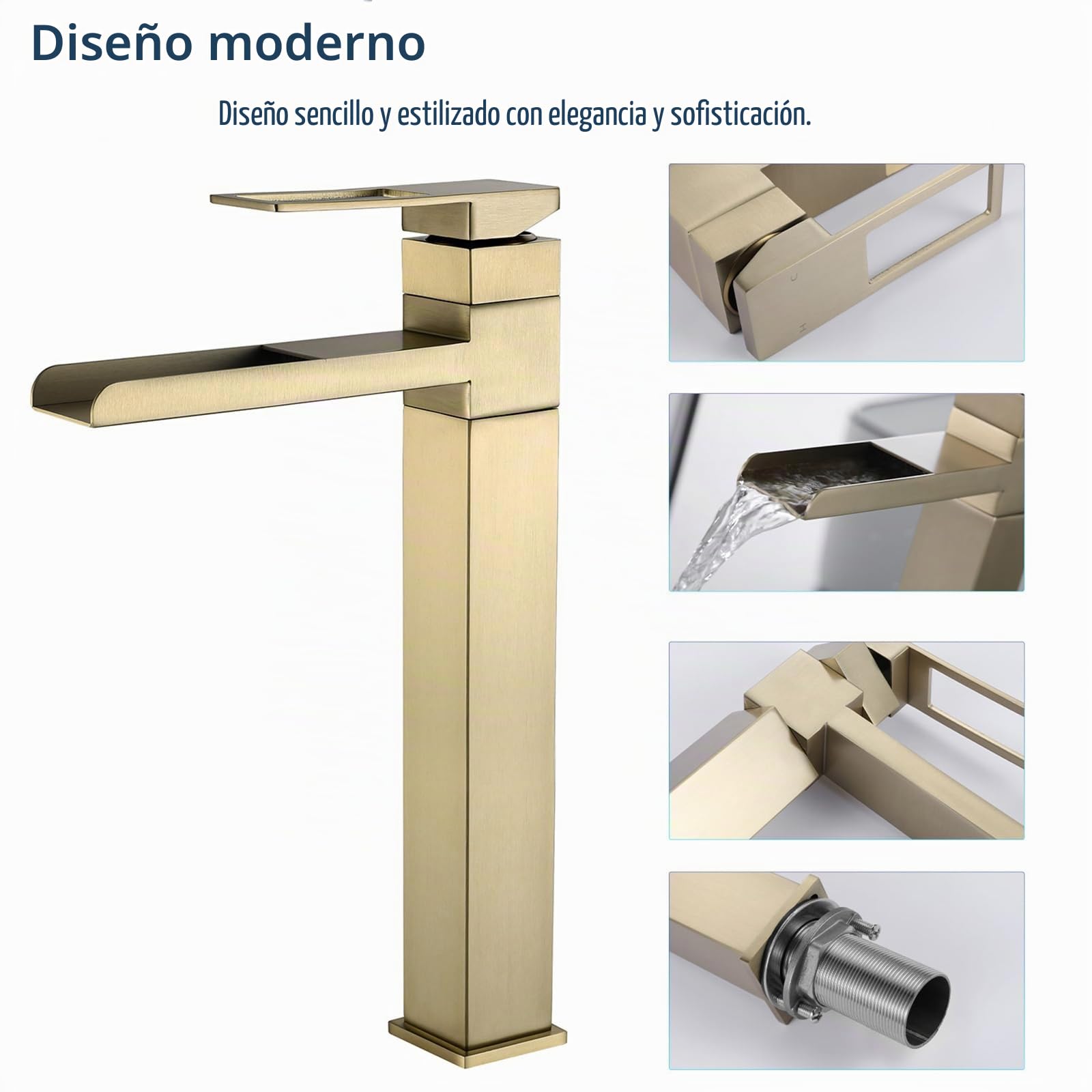 Grifo de lavabo Alto, Grifo de Baño Cascada, Grifo Monomando Lavabo Giratorio de 360°, Agua Fría y Caliente Disponible, Oro Cepillado, 6M4OK-T