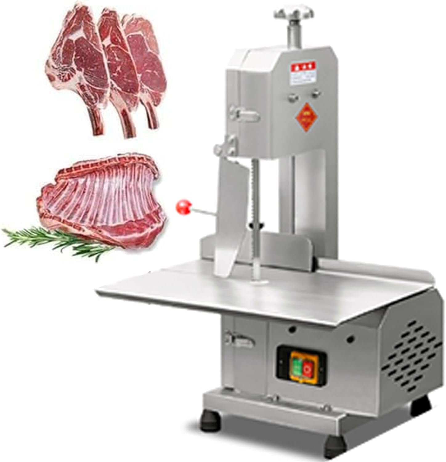 Sega a nastro elettrica per taglio carne con banco da lavoro in acciaio inox e lame multiple per macellazione e carni surgelate